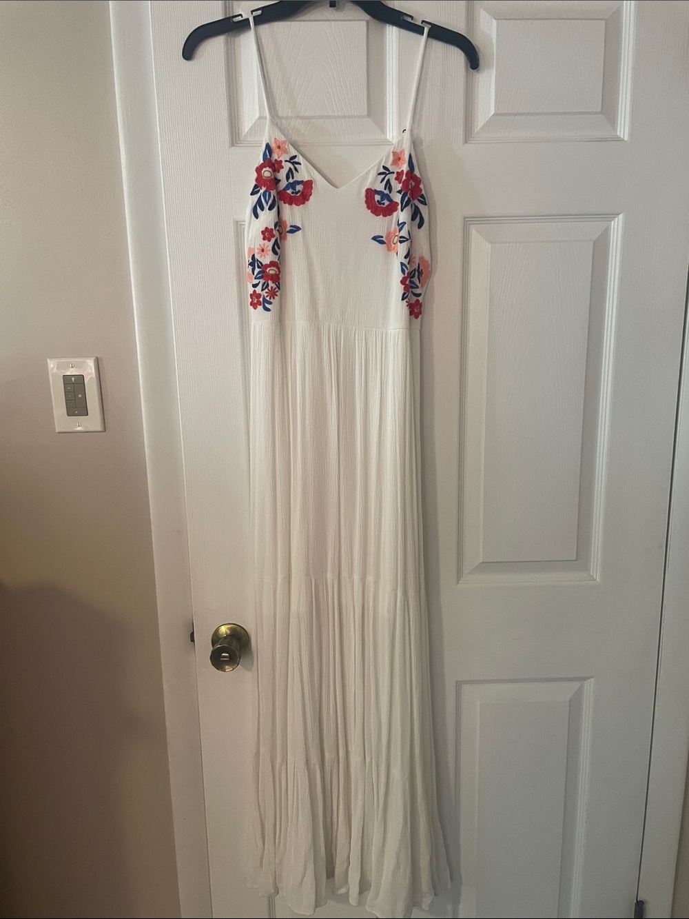 Xhilaration White Maxi Dress with Red & Blue Floral Embroidery